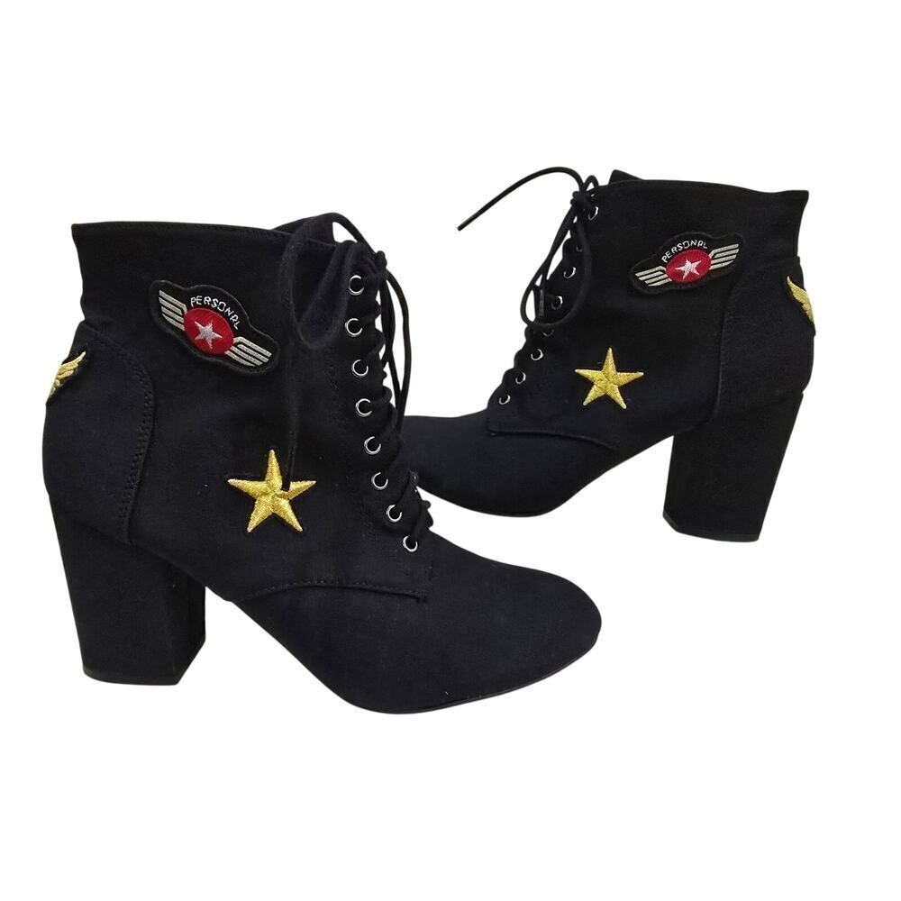 Black Ankle Boots Lace Up Block Heel Star Patch Size 8.5 Women Airforce Grunge - Picture 2 of 8